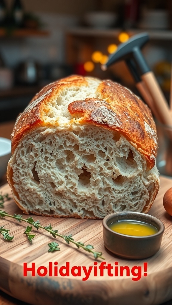 Homemade Artisan Bread for Holiday Gifting Freshly baked artisan bread on a wooden board with herbs and olive oil, in a cozy kitchen.